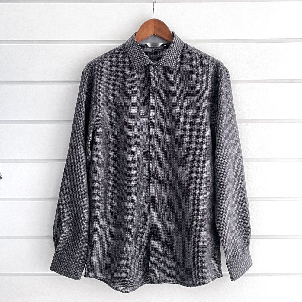 Mens Microfiber Black/White Dot Print Long Sleeve Button Down Shirt Size Medium